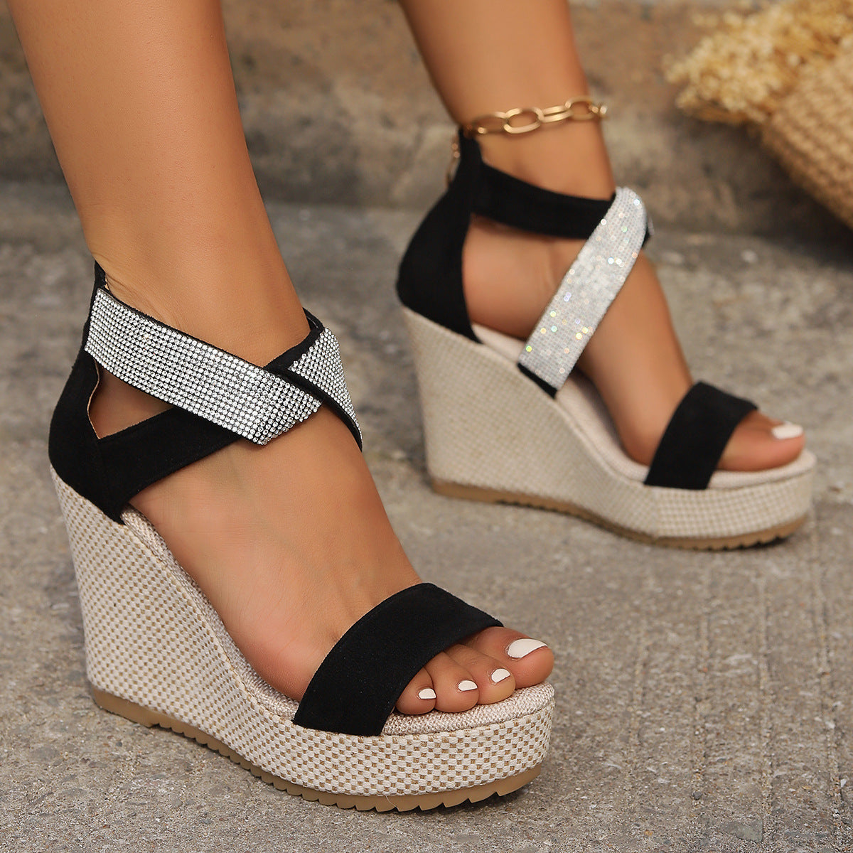 Fish Mouth Wedges Sandals With Rhinestone Design Fashion Summer Platforms For Women