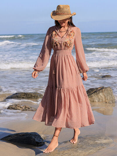 Embroidered Polka Dot Tie Neck Long Sleeve Midi Dress - Munsieur