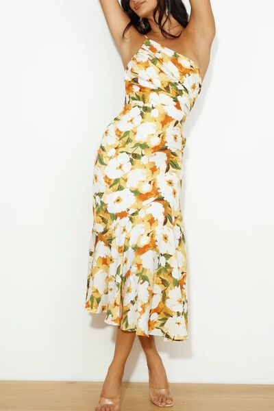 Ruched Printed Single Shoulder Midi Dress - Munsieur