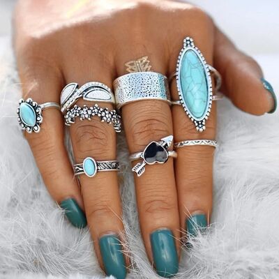 Turquoise Alloy 8-Piece Ring Set - Munsieur