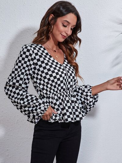 Checkered V-Neck Balloon Sleeve Peplum Blouse - Munsieur