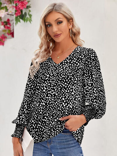 Printed V-Neck Lantern Sleeve Blouse - Munsieur