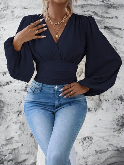 Smocked Surplice Balloon Sleeve Top - Munsieur