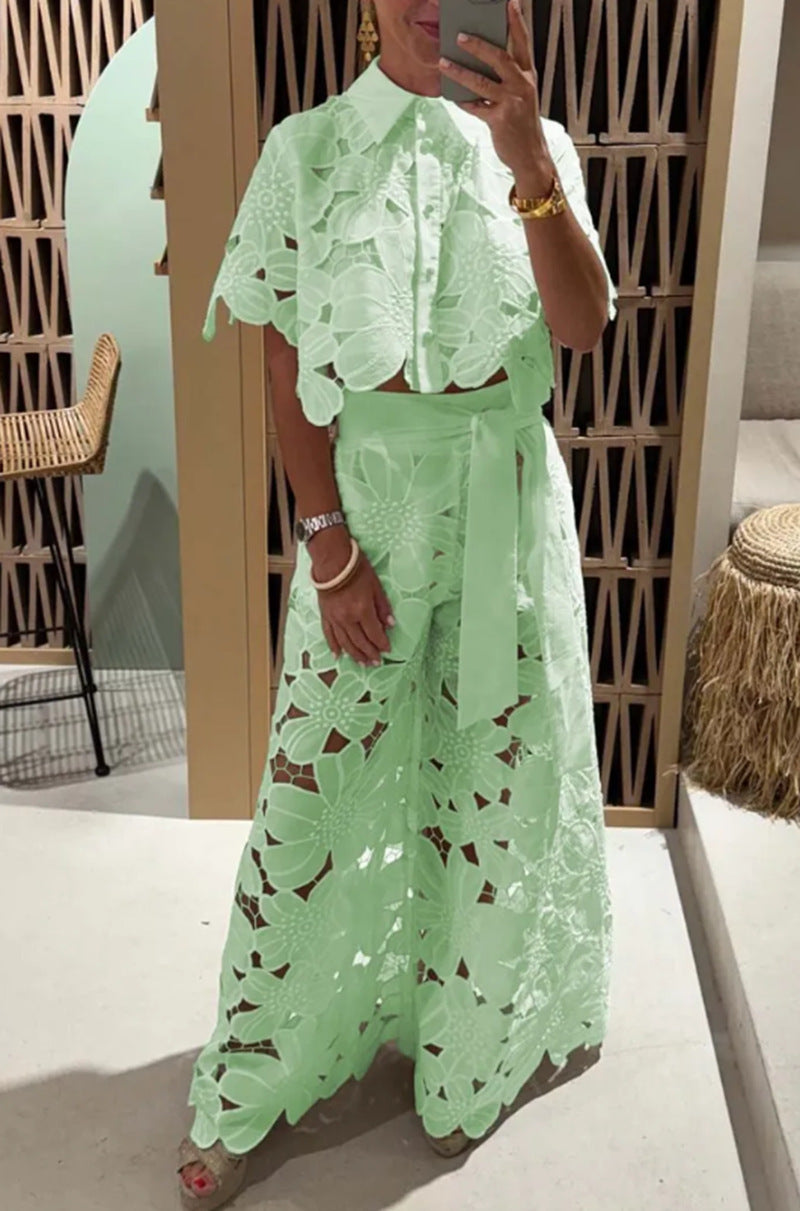 Solid Color Sexy Cutout Cardigan Blouse Wide Leg Two-piece Set - Munsieur