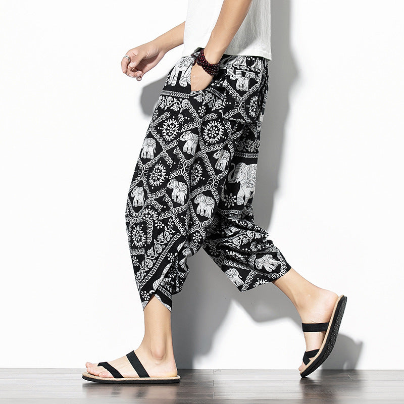 Men's Printed Asian Style Cotton And Linen Loose Joggers