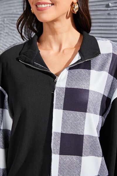 Plaid Exposed Seam Long Sleeve Blouse - Munsieur