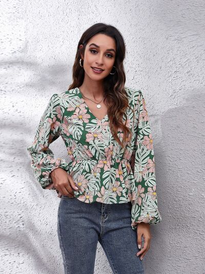 Floral V-Neck Balloon Sleeve Peplum Blouse - Munsieur