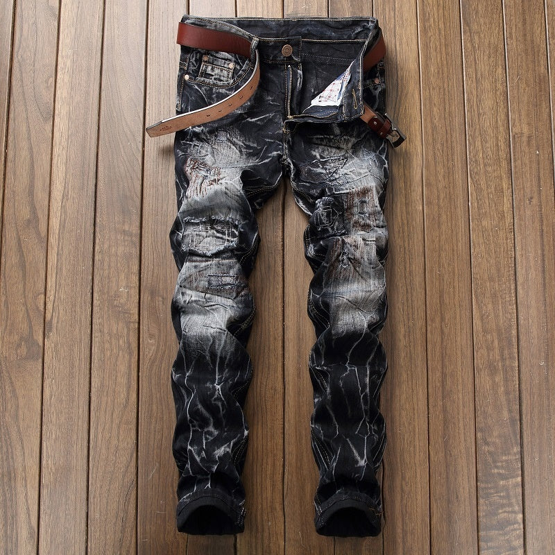 Distressed Slim Fit Straight-leg Denim Men's Broken Patched Hole Pants