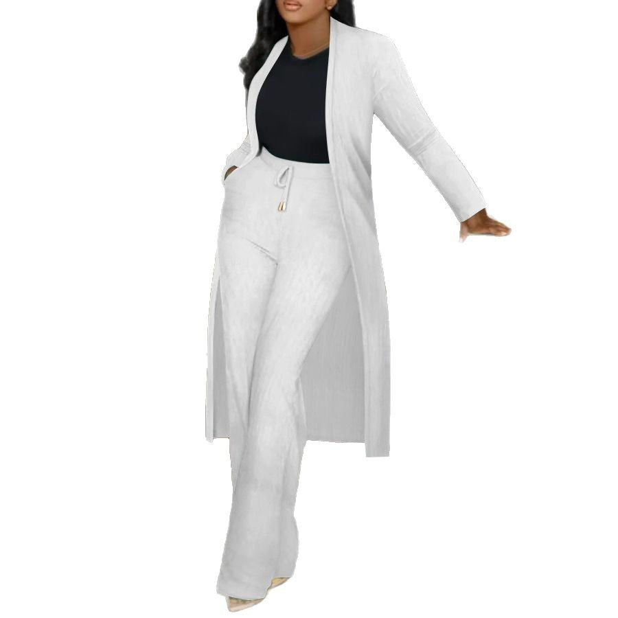 Women's Long Cardigan Jacket Sunken Business suit Stripe Wide Leg Two-piece Set