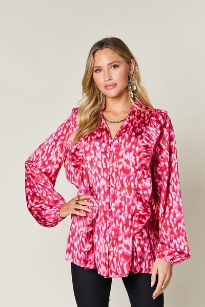 Double Take Full Size Printed Ruffle Trim Balloon Sleeve Shirt - Munsieur