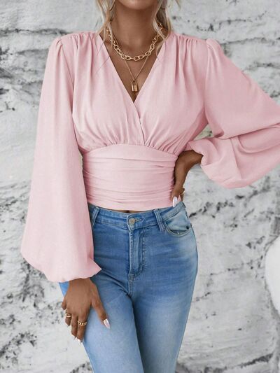 Smocked Surplice Balloon Sleeve Top - Munsieur