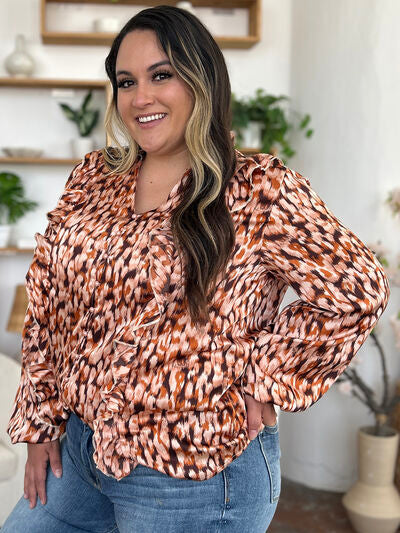 Double Take Full Size Printed Ruffle Trim Balloon Sleeve Shirt - Munsieur
