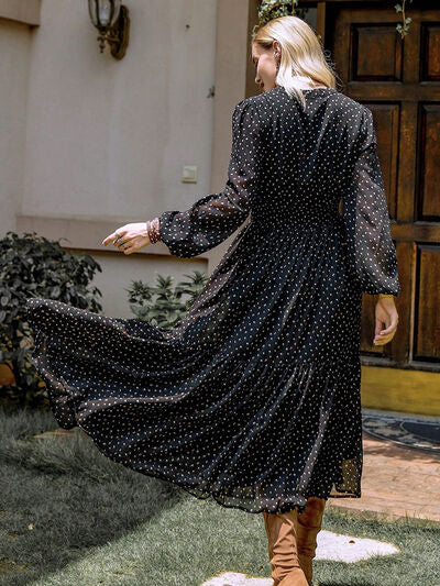 Embroidered Polka Dot Tie Neck Long Sleeve Midi Dress - Munsieur