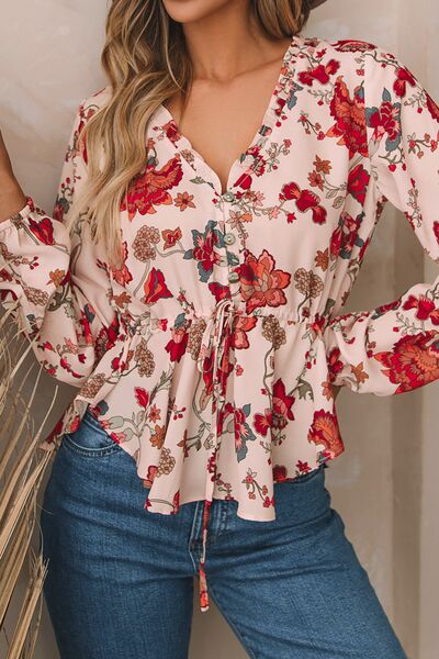 Floral V-Neck Drawstring Peplum Blouse - Munsieur