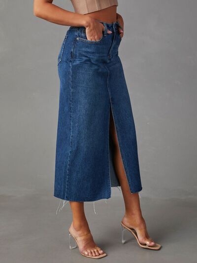 Raw Hem Front Slit Denim Midi Skirt - Munsieur