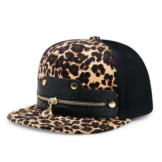 Hip-Hop Leopard Print Zipper Leather Flat Brim Hat