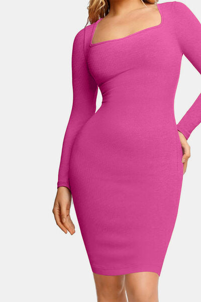 Full Size Built-In Shapewear Square Neck Long Sleeve Dress - Munsieur