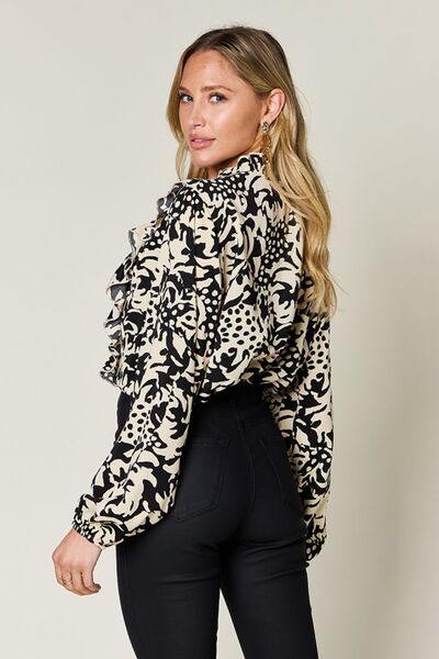Double Take Full Size Printed Ruffle Trim Balloon Sleeve Shirt - Munsieur