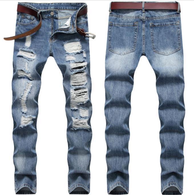 Men's Classic Blue Pants With Patched Holes