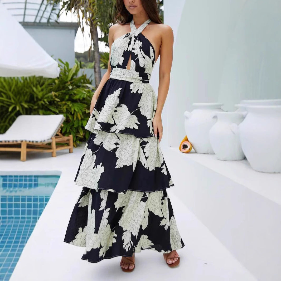 Women's Sexy Print Cake Dress Lace-up Long Dress