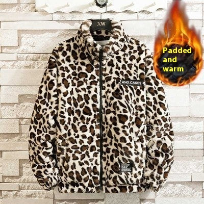 Autumn Winter Coat for Men's Vintage Leopard Print Harajuku Hip Hop Style Loose