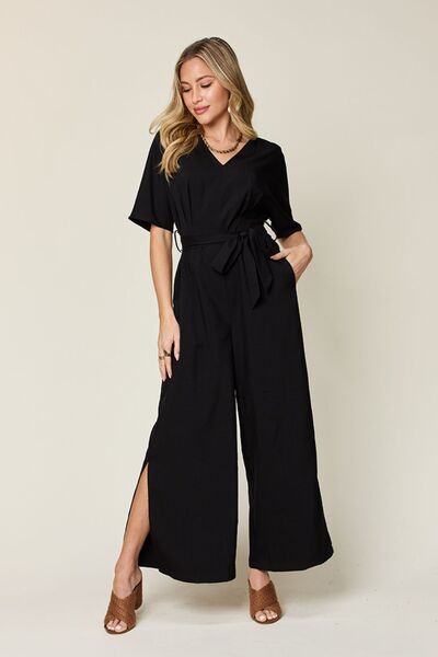 Double Take Full Size V-Neck Tied Side Slit Jumpsuit - Munsieur
