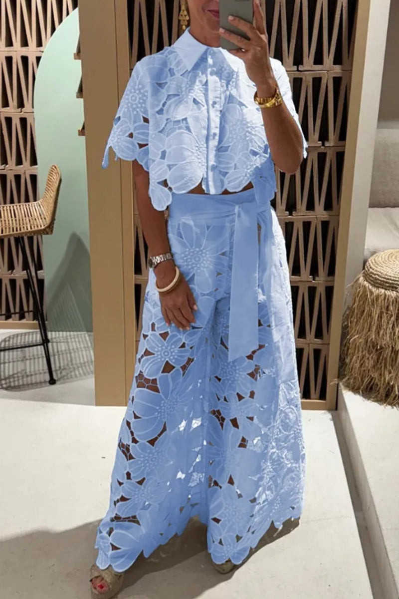 Solid Color Sexy Cutout Cardigan Blouse Wide Leg Two-piece Set - Munsieur
