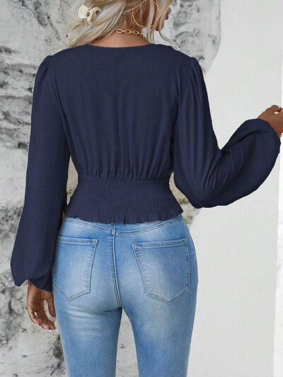 Smocked Surplice Balloon Sleeve Top - Munsieur