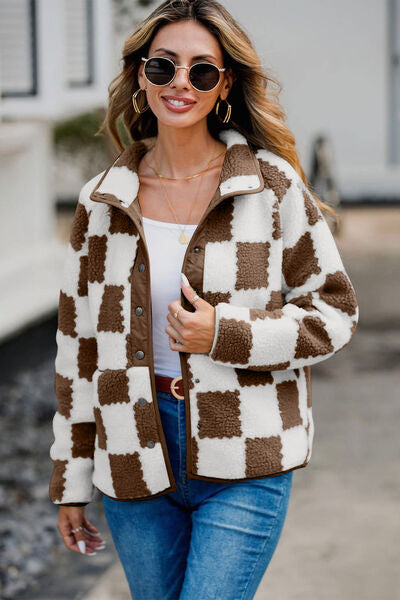 Checkered Snap Down Long Sleeve Teddy Jacket - Munsieur