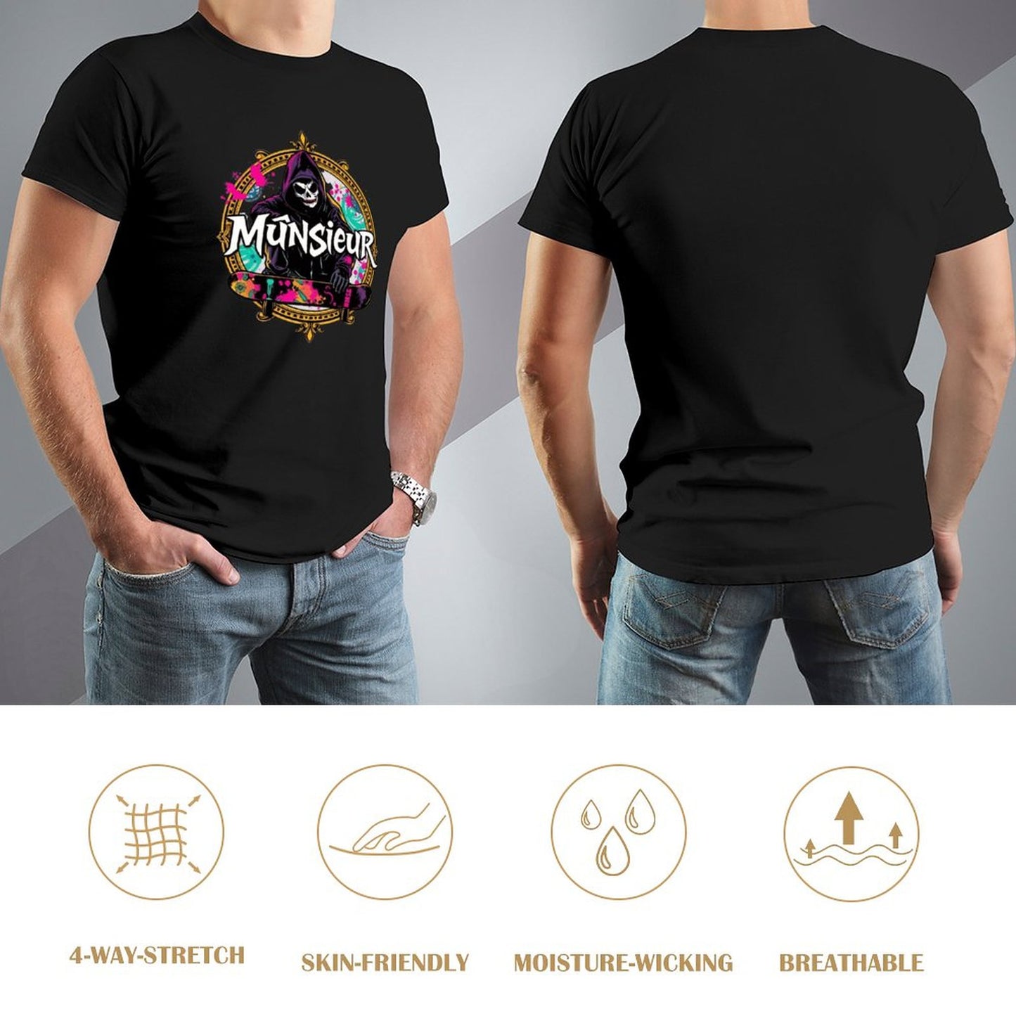 Munsieur New Skool Tee for Men – Skull Skateboard Graphic Tee