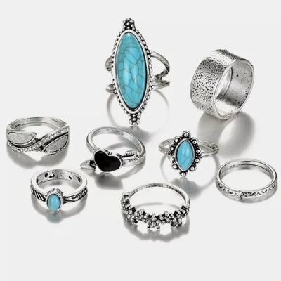Turquoise Alloy 8-Piece Ring Set - Munsieur