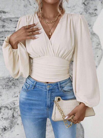 Smocked Surplice Balloon Sleeve Top - Munsieur