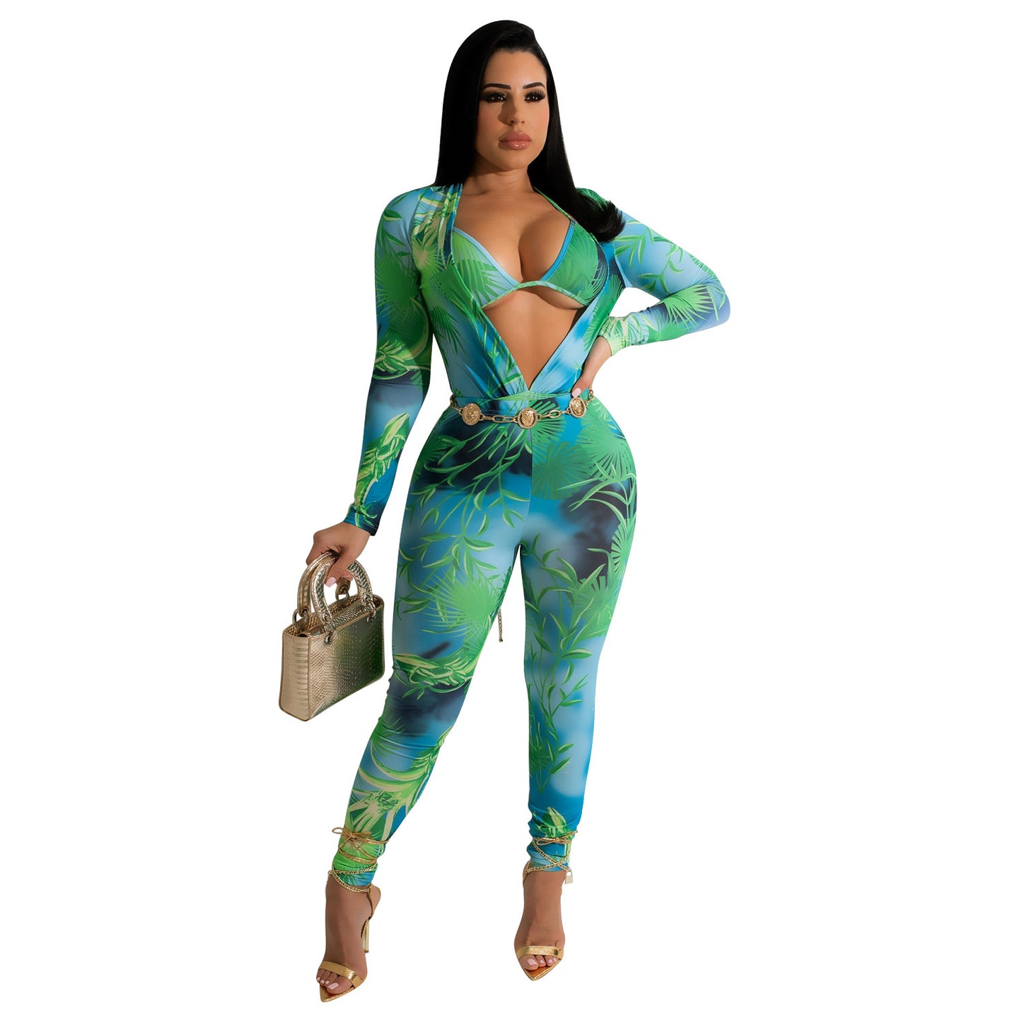 Women's Printed Jumpsuit Long Sleeve
