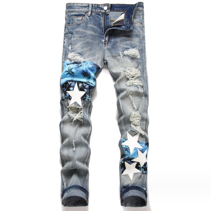 Men's Pants Blue With Holes Embroidered Printed