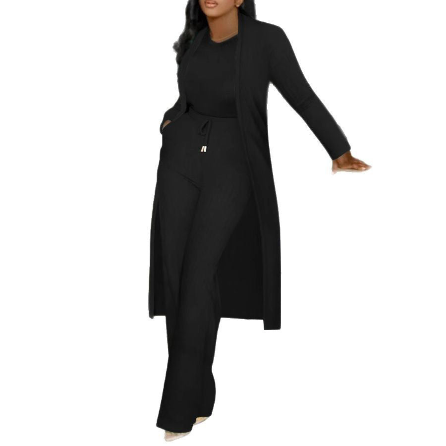 Women's Long Cardigan Jacket Sunken Business suit Stripe Wide Leg Two-piece Set