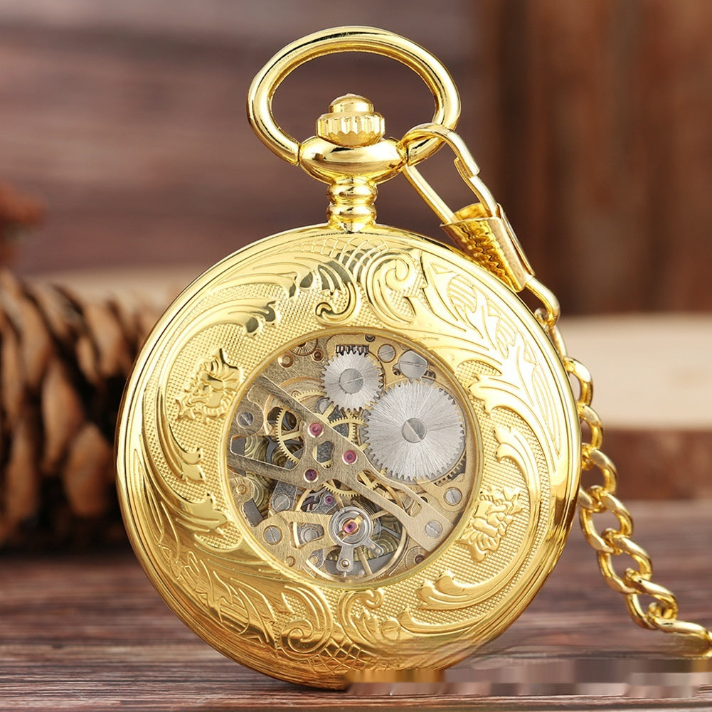 Gold Double-sided Carved Shield Manual Manipulator Pocket Watch