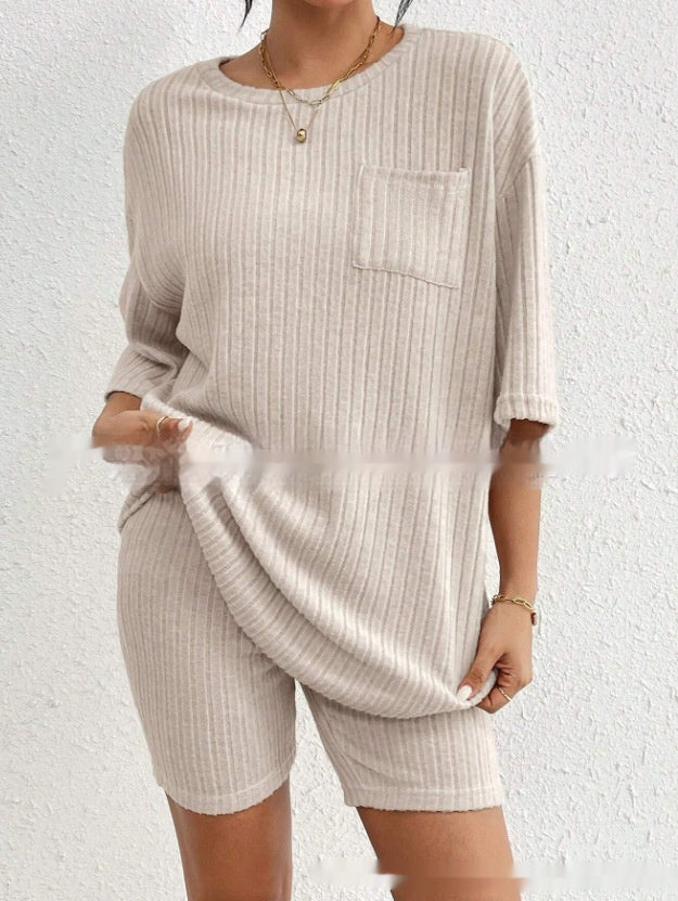 Women's Fashion Rib Knitted Home Clothes 2-piece Romper Set