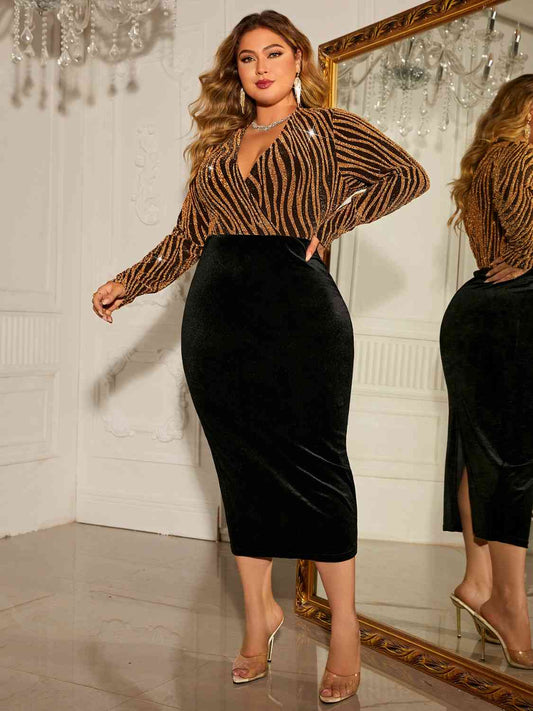 Honey Plus Size Surplice Long Sleeve Slit Dress - Munsieur