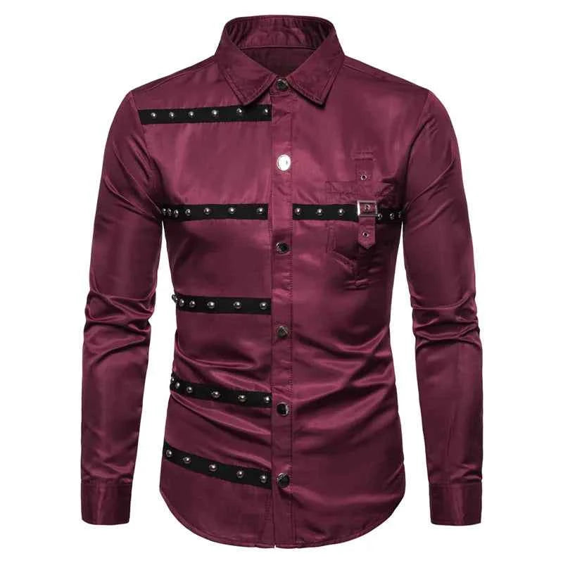 European Version New Mens Gothic Style Rivet Long Sleeve Shirt Dress Casual Hip Hop Male Personality Shirts Fit Slim Clothes