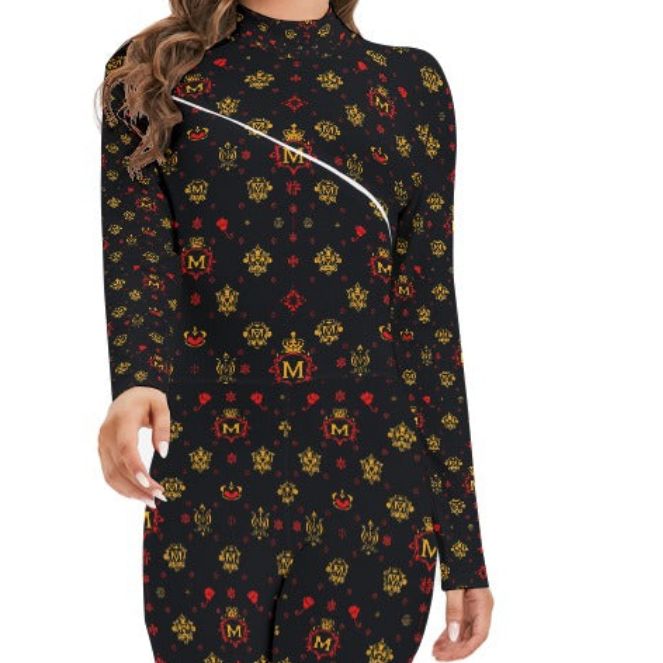 Munsieur All-Over Print Women's Long-sleeved High-neck Jumpsuit With Zipper