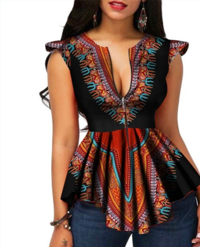 Deep V-neck Zipper Cropped Blouse