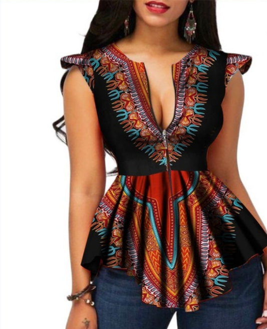 Deep V-neck Zipper Cropped Blouse