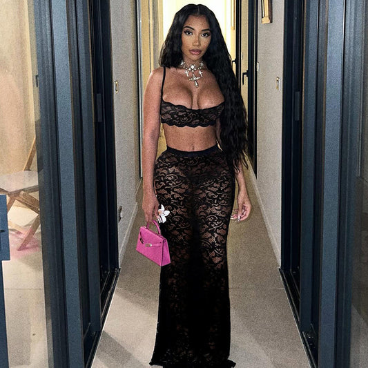 Women's Sexy 2pc Set Cutout Sling Top High Waist Lace Bodysuit Romper Streetwear