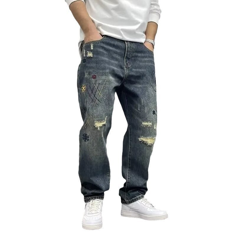 Men's American Style Loose Straight Ripped Spring And Autumn Patch Pants