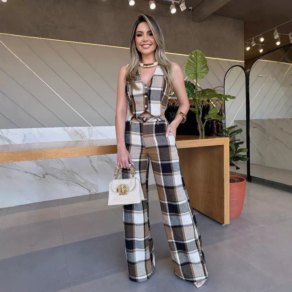 Plaid Sleeveless Vest Straight-leg Bodysuit