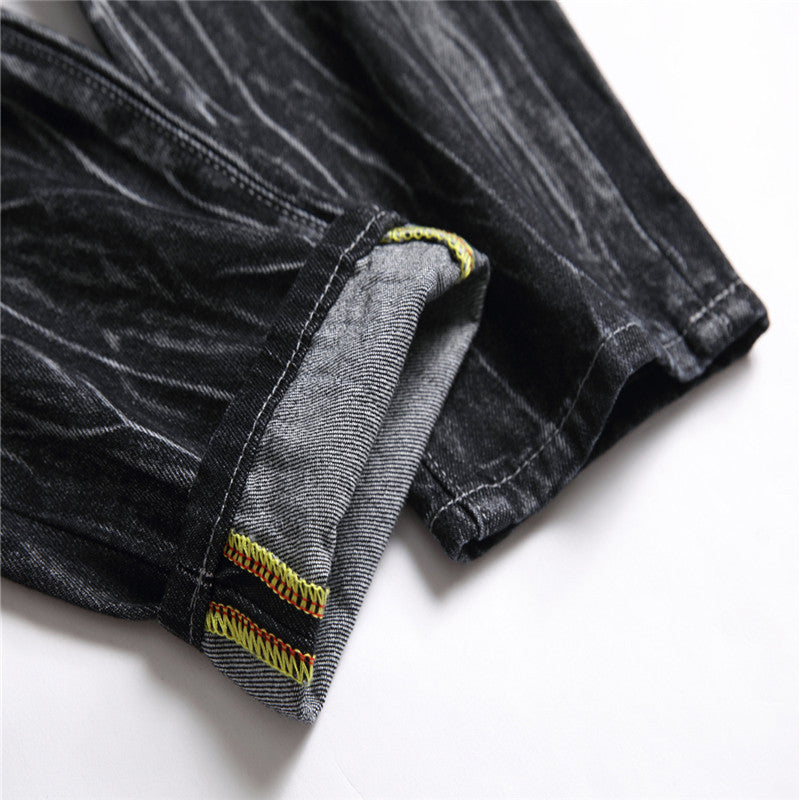 Men's Street Casual Cool Decorative Flower Ripped Pants Straight-leg Four Seasons