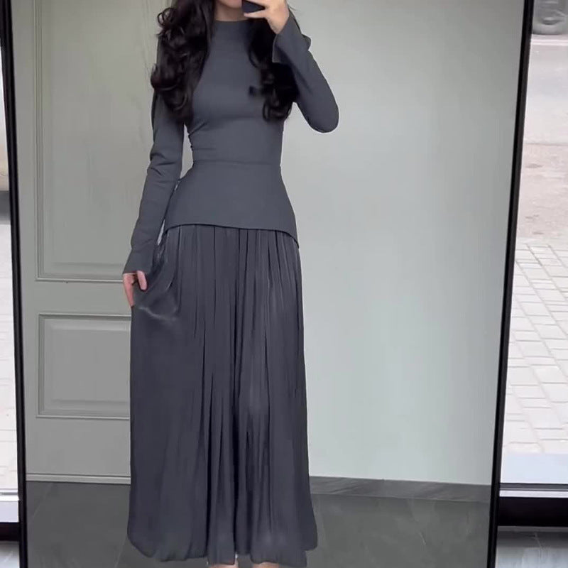 Women's New Color Contrast Patchwork Slim-fit Lace Up Long Sleeve Dress