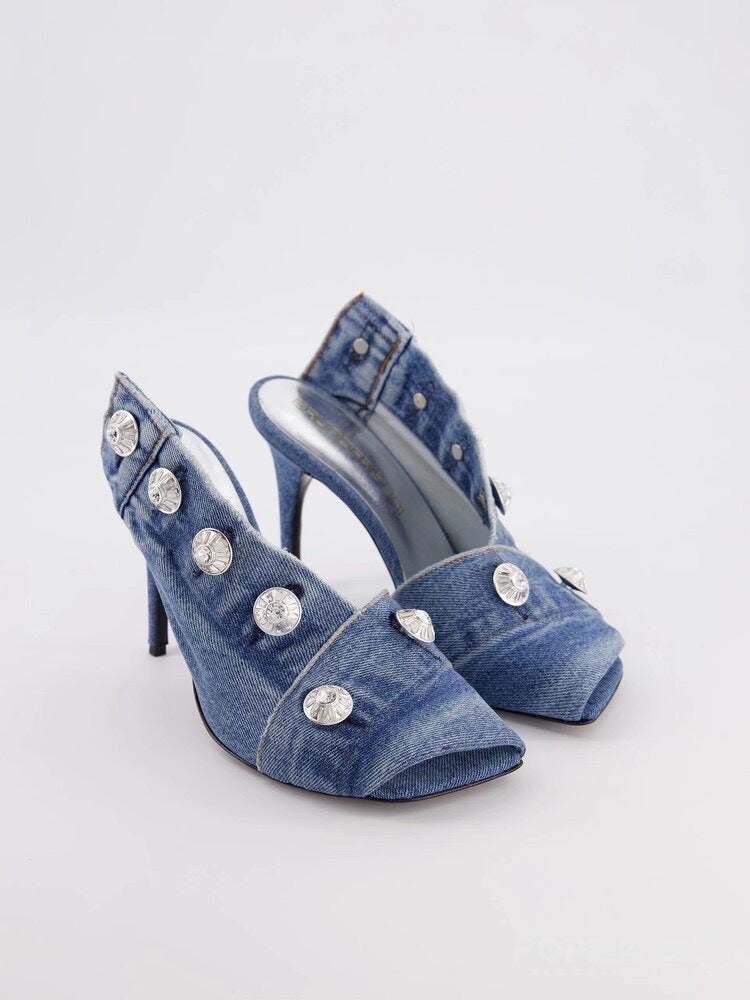 Women's Stiletto Heel Square Toe Denim Metal Rivets - Munsieur