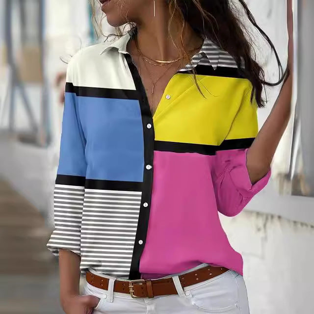Long Sleeve Button Loose Geometric Digital Printing T-shirt