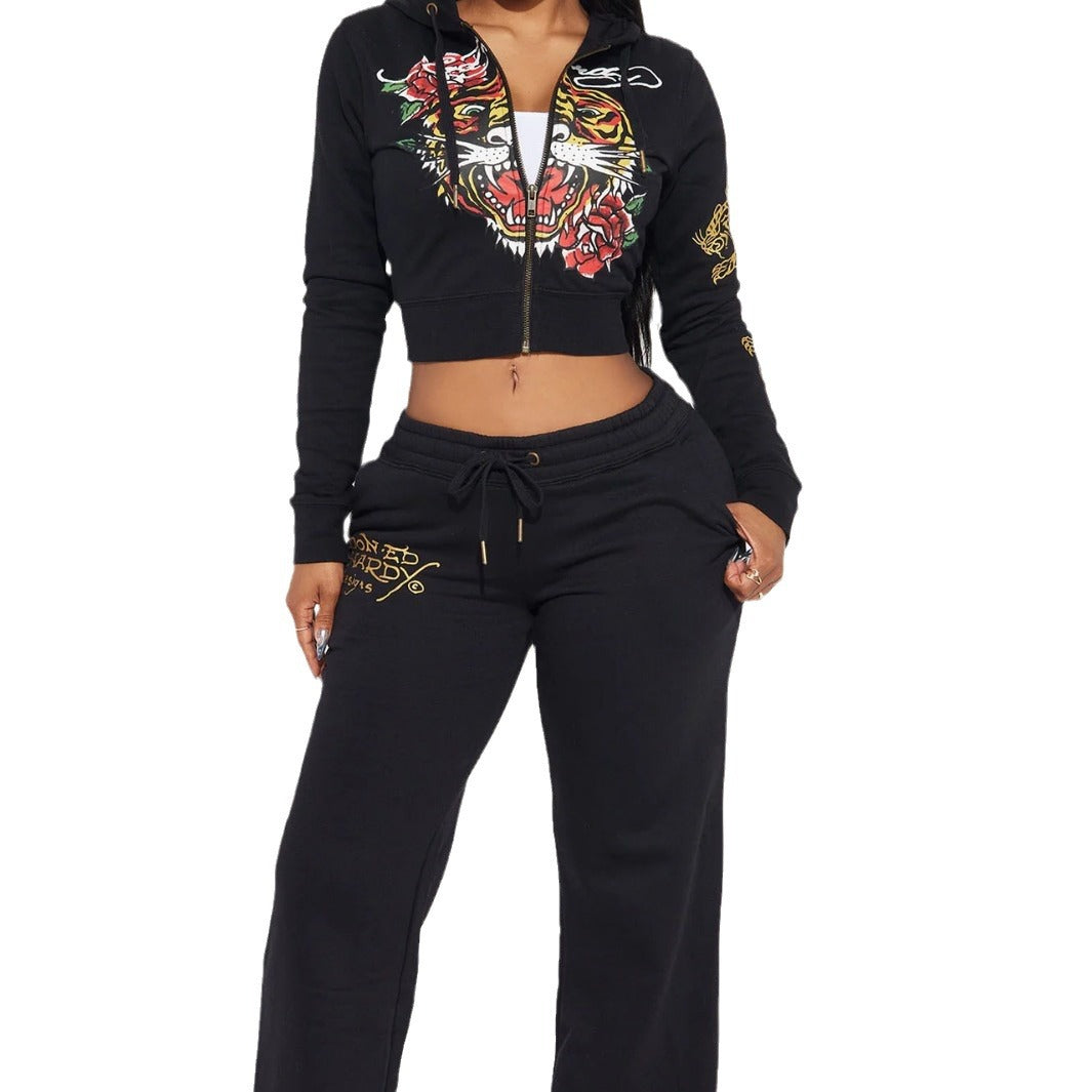 Women's 2pc Fashion Casual And Comfortable Sweatsuit Sweater + Leggings Painted Zipper With Printed Two-piece